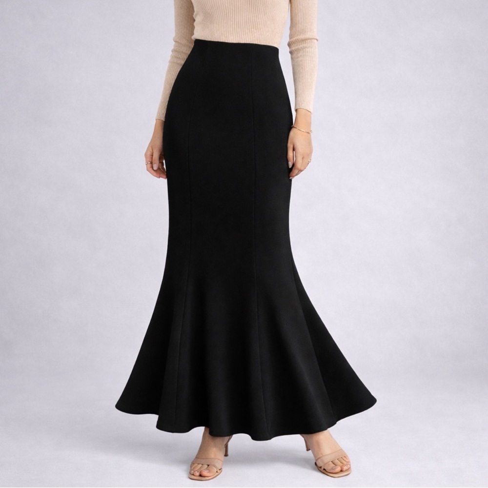 NWT Melloday Black Mermaid Maxi Skirt Size Medium Scuba Stretch Flare